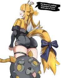 1girl 1other animal_ears artist_request ass blonde_hair blush bow cropped_jacket fingerless_gloves food from_behind gloves green_eyes half_updo highres ju_fufu long_hair looking_at_viewer looking_back multicolored_hair open_mouth robot sharp_teeth short_shorts shorts smile steamed_bun tail tail_bow tail_ornament teeth thick_thighs thigh_strap thighs tiger_ears tiger_girl tiger_tail tongue tongue_out two-tone_hair very_long_hair white_hair zenless_zone_zero