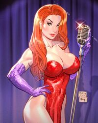 Rule 34 | 1girl, artist name, bare shoulders, breasts, cleavage, collarbone, covered navel, dress, elbow gloves, gloves, green eyes, highres, holding, holding microphone stand, jessica rabbit, large breasts, long hair, looking at viewer, marissa pope, microphone stand, orange hair, purple gloves, solo, strapless, strapless dress, who framed roger rabbit