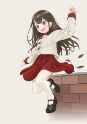 1girl brick_wall brown_eyes brown_hair commentary_request falling_petals floating highres jacket long_hair mary_janes open_mouth original petals pleated_skirt red_skirt shoes skirt solo tanakaminos teeth thighhighs upper_teeth_only white_background white_jacket white_thighhighs