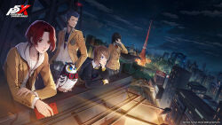 2boys 2girls absurdres animal arai_motoha artist_request bird black_hair blonde_hair blue_eyes blue_hair cellphone cloud copyright_name grey_pants grey_skirt head_rest highres holding holding_phone hood hood_down hoodie jacket kamishiro_nagisa kanou_shun lips lufel_(p5x) multiple_boys multiple_girls night night_sky official_art open_clothes open_jacket outdoors owl pants persona persona_5 persona_5:_the_phantom_x phone pink_lips plaid_clothes plaid_pants plaid_skirt red_eyes red_hair shirt short_hair skirt sky tanemura_riko third-party_source tokyo_tower white_shirt