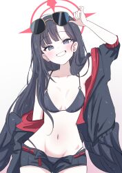 1girl bikini black_bikini black_eyes black_hair black_jacket black_shorts black_wings blue_archive breasts cowboy_shot eyewear_on_head feathered_wings giorgio_(yo_sumire_sola1) grin halo highres ichika_(blue_archive) ichika_(swimsuit)_(blue_archive) jacket long_hair looking_at_viewer navel o-ring o-ring_bikini o-ring_top official_alternate_costume open_clothes open_fly open_shorts parted_lips red_halo shorts simple_background small_breasts smile solo sunglasses swimsuit teeth white_background wings