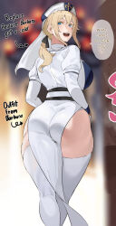 1girl :d ass ass_focus barbara_(genshin_impact) barbara_(genshin_impact)_(cosplay) blonde_hair blue_eyes blurry blurry_background breasts cosplay cross cross_earrings dress earrings english_text from_behind genshin_impact hair_between_eyes highres huge_ass jean_(genshin_impact) jewelry large_breasts latin_cross long_hair looking_at_viewer looking_back low_ponytail nun okpriko open_mouth pelvic_curtain ponytail sidelocks smile solo thick_thighs thighhighs thighs white_dress white_thighhighs