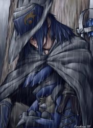2005 2boys cloak fetal_position furry gen_4_pokemon hat highres karabiner lucario male_focus multiple_boys nintendo pokemon pokemon:_lucario_and_the_mystery_of_mew pokemon_(anime) pokemon_(creature) pokemon_rse_(anime) rain sir_arlon wet