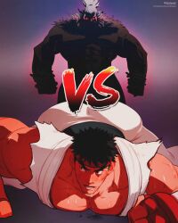 Rule 34 | 2boys, akuma (street fighter), ass, bara, belt, black belt, black hair, dizdoodz, dougi, gloves, headband, highres, large pectorals, male focus, multiple boys, muscular, muscular male, open mouth, paid reward available, patreon username, pectorals, red gloves, red headband, ryu (street fighter), short hair, street fighter, sweat, sweatdrop, twitter username, white hair, yaoi
