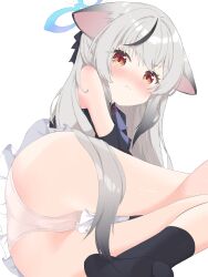 1girl animal_ears ass black_socks blue_archive blush dress grey_hair halo highres kokona_(blue_archive) loli long_hair mayu_next1222 multicolored_hair panties pout simple_background socks solo streaked_hair underwear white_background white_panties