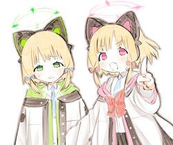 2girls animal_ear_headphones animal_ears blonde_hair blue_archive blue_necktie bow bowtie cat_ear_headphones collared_shirt fake_animal_ears fang green_eyes green_halo halo headphones hood hooded_jacket jacket looking_at_viewer low_twintails midori_(blue_archive) momoi_(blue_archive) multiple_girls necktie open_mouth pink_eyes pink_halo pointing pointing_at_viewer red_bow red_bowtie school_uniform shinbashi_seiji shirt short_hair siblings simple_background sisters twins twintails upper_body white_background white_jacket white_shirt
