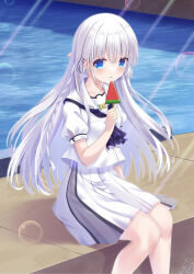 Rule 34 | 1girl, arm at side, ascot, black ascot, blue eyes, blunt ends, blush, braid, commentary, day, feet out of frame, floating hair, food, hair between eyes, hair ornament, hairclip, hand up, highres, holding, holding food, holding popsicle, kk0220, long hair, looking at viewer, naruse shiroha, open mouth, outdoors, parallel hairclips, popsicle, puffy short sleeves, puffy sleeves, sailor collar, school uniform, serafuku, shirt, short sleeves, single braid, sitting, skirt, solo, summer pockets, summer pockets school uniform, sunlight, very long hair, watermelon bar, white hair, white sailor collar, white serafuku, white shirt, white skirt