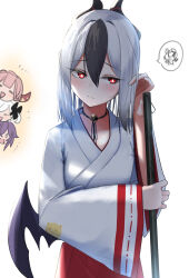 4girls absurdres aru_(blue_archive) bell black_hair black_horns blue_archive blush closed_mouth commentary_request grey_hair haruka_(blue_archive) highres holding horns japanese_clothes kayoko_(blue_archive) kimono koutannkoburia long_sleeves miko multicolored_hair multiple_girls mutsuki_(blue_archive) neck_bell peeking playing_with_own_hair ponytail problem_solver_68_(blue_archive) red_eyes simple_background single_wing solo_focus spoken_squiggle squiggle standing two-tone_hair white_background white_kimono wide_sleeves wings