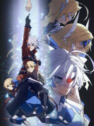 2boys 3girls ahoge armor blazblue blonde_hair blue_coat blue_headwear braid coat green_eyes headgear heterochromia highres jacket kisaragi_jin lambda-11 long_hair mu-12 multiple_boys multiple_girls navel noel_vermillion nu-13 power_armor ragna_the_bloodedge red_eyes red_jacket scissorschan short_hair white_hair