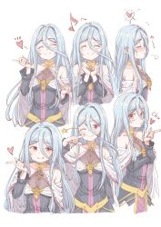 1girl ^_^ absurdres arms_up blowing_kiss blue_hair blush breasts closed_eyes closed_mouth commentary_request eiyuu_densetsu grandmaster_(eiyuu_densetsu) hair_intakes heart highres kuny long_hair looking_at_viewer medium_breasts multiple_expressions multiple_views musical_note one_eye_closed puff_of_air red_eyes sen_no_kiseki sen_no_kiseki_(series) sen_no_kiseki_iv smile spoilers star_(symbol)