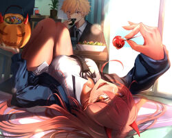 1boy 1girl blonde_hair breasts candy chainsaw_man curtains demon demon_girl denji_(chainsaw_man) eating food halloween large_breasts lollipop medium_breasts offering office_clothing office_lady pan_da6069 power_(chainsaw_man) pumpkin sharp_teeth shounen_jump skirt skirt_down smile teeth thick_thighs thighs trick_or_treat
