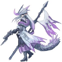 1girl 202vincent absurdres bayonet blue_eyes boots coat dragon_girl dual_wielding espinas flagpole full_body gun hair_over_one_eye handgun hat high_heel_boots high_heels highres holding horned_hat humanization long_hair low_ponytail monster_hunter_(series) patterned_clothing pink_coat pink_streaks plant pointy_ears polearm ponytail pouch spear spikes standing tail turtleneck vines weapon white_hair