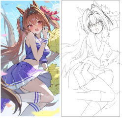 1girl :o ^^^ absurdres animal_ears art_study bare_shoulders blue_sky blurry blush border bow breasts cheerleader commentary confetti daiwa_scarlet_(umamusume) day depth_of_field english_commentary expressive_tail floating_hair foot_out_of_frame hair_between_eyes hair_bow hair_intakes hair_ribbon hand_up highres holding holding_pom_poms horse_ears horse_girl horse_tail kneehighs long_hair looking_at_viewer medium_breasts midriff miniskirt motion_lines multiple_views open_mouth orange_hair outdoors pink_bow pink_ribbon pleated_skirt pom_pom_(cheerleading) pom_poms purple_shirt purple_shoes purple_skirt red_eyes ribbon shirt shoes skirt sky sleeveless sleeveless_shirt slit_pupils socks standing standing_on_one_leg surprised sweatdrop tail tail_raised teeth tiara twintails umamusume upper_teeth_only v-shaped_eyebrows very_long_hair westgon white_border white_socks white_wrist_cuffs wrist_cuffs