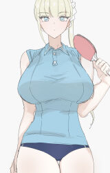 Rule 34 | 1girl, absurdres, bare shoulders, blonde hair, blue buruma, blue eyes, breasts, buruma, commentary request, expressionless, gensou pump, highres, holding table tennis paddle, large breasts, long hair, looking at viewer, original, paddle, ponytail, simple background, solo, table tennis paddle, white background