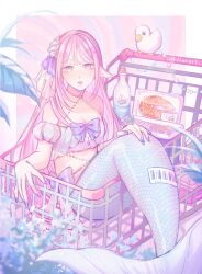 1girl absurdres barcode bikini bird blue_eyes blue_ribbon blue_scales blue_tail bottle breasts cleavage commentary_request duck fins hair_ribbon head_fins highres in_shopping_cart liliantsai0417 looking_at_viewer mermaid monster_girl nail_polish original parted_lips pink_hair ribbon shopping_cart solo swimsuit