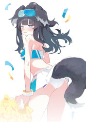 1girl absurdres animal_ears ass black_hair blue_archive blunt_bangs breasts caught_staring cheerleader cowboy_shot crop_top dog_ears dog_girl dog_tail from_behind hibiki_(blue_archive) hibiki_(cheer_squad)_(blue_archive) highres koki_(user_caux4382) long_hair looking_at_viewer looking_back medium_breasts microskirt panties pantyshot pom_pom_(cheerleading) skirt strapless tail thighs tube_top underwear white_background white_panties