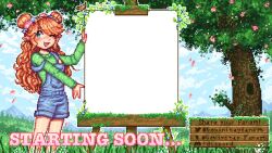 1girl animification bird blue_overalls blush buttons commentary day discord_logo double_bun easel english_commentary english_text geminitay green_eyes green_sweater hair_bun head_wreath hermitcraft highres long_hair looking_at_viewer minecraft_youtube one_eye_closed open_mouth orange_hair outdoors overalls oxiwan pixel_art pointy_ears sign sky smile solo standing strap_slip sweater tree tumblr_logo twitter_logo