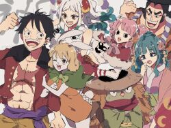 3boys 4girls abs animal_ears aqua_hair black_hair blonde_hair blue_eyes blunt_bangs capelet carrot_(one_piece) colored_skin commentary_request cross-laced_clothes crossed_arms dress eyeliner father_and_daughter flower green_capelet green_sash green_skin hair_flower hair_ornament hat highres horns japanese_clothes kappa kawamatsu kimono kouzuki_hiyori kouzuki_oden locked_arms long_hair long_sleeves makeup monkey_d._luffy multiple_boys multiple_girls obi one_piece orange_dress perona pink_hair ponytail purple_sash rabbit_ears rabbit_girl red_capelet red_eyeliner red_shirt rope sash scar scar_on_chest scar_on_face shimenawa shirt short_hair sideburns sidelocks sleeveless sleeveless_kimono sweatdrop telushake_opnk twintails white_hair yamato_(one_piece)