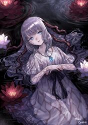 Rule 34 | 1girl, absurdres, blue eyes, corruption, dress, ender lilies quietus of the knights, expressionless, facial mark, flower, forehead mark, grey hair, highres, jewelry, lily (ender lilies), looking at viewer, mimicrutix, necklace, parted lips, pendant, ripples, solo, tendril, veins, water, water lily flower