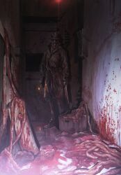 1boy ascot blood blood_on_clothes blood_on_face blood_on_ground blood_on_hands blood_on_wall bloody_weapon cleaver coat facing_viewer fedora flesh gloves hat highres holding holding_matchstick holding_weapon horror_(theme) indoors inkblot male_focus mask massacre matches murder rorschach scarf stairs taocan_shisi_hao trench_coat watchmen weapon