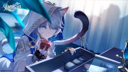 1girl ancient_greek_clothes animal_ear_fluff animal_ears black_gloves blue_eyes box cat_ears cat_girl cat_tail chalice choker cipher_(honkai:_star_rail) cloak closed_mouth copyright_notice cup curtains eavesdropping fang fingerless_gloves game_cg gloves greco-roman_clothes grey_hair highres holding holding_box honkai:_star_rail honkai_(series) hood hood_up hooded_cloak indoors key keyring logo official_art scroll short_hair skin_fang solo tail white_cloak yellow_nails