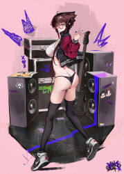 1girl absurdres ahoge ass bass_guitar black_jacket black_nails black_panties black_thighhighs breasts brown_hair butt_crack electric_guitar fingernails from_behind full_body glasses guitar highres instrument jacket large_breasts letterman_jacket liz_(nin_fake) long_hair looking_at_viewer looking_back nail_polish nike_(company) nin_fake open_clothes open_jacket original panties pink_background pointy_ears round_eyewear shoes short_hair short_hair_with_long_locks sidelocks sneakers solo speaker thighhighs underwear