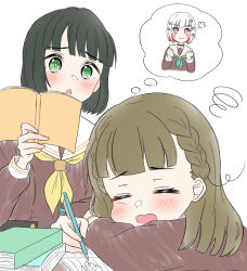3girls aqua_neckerchief black_hair blunt_bangs blunt_ends blush blush_stickers bob_cut book book_stack braid brown_dress center-flap_bangs closed_eyes colored_inner_hair diagonal_bangs dress green_eyes hair_ornament hasu_no_sora_school_uniform highres holding holding_notebook holding_pencil imagining kachimachi_kosuzu katanashi_(ktnsh_popu) link!_like!_love_live! long_sleeves looking_at_another love_live! mechanical_pencil momose_ginko multicolored_hair multiple_girls neckerchief notebook open_mouth pencil pink_eyes raised_inner_eyebrows red_hair sailor_collar sailor_dress school_uniform short_hair side_ahoge side_braids speech_bubble spoken_character squiggle star_(symbol) star_hair_ornament studying thought_bubble virtual_youtuber white_hair white_sailor_collar winter_uniform worried yellow_neckerchief yugiri_tsuzuri