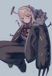 1girl blue_background blue_eyes blush breasts claws e.g.o_(project_moon) faust_(project_moon) floating full_body fur_collar head_tilt hex_nail_(e.g.o) highres large_breasts limbus_company looking_at_viewer nail_(hardware) necktie oversized_clothes paw_shoes project_moon red_necktie seiza sitting solo striped_clothes white_hair zfisdwirwd25