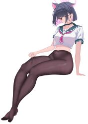 1girl absurdres animal_ears black_choker black_hair black_pantyhose blue_archive breasts cat_ears choker closed_mouth colored_inner_hair commentary_request full_body grey_background halo highres invisible_chair kazusa_(blue_archive) looking_at_viewer medium_breasts multicolored_hair navel neckerchief no_shoes pantyhose pantyhose_lift pink_eyes pink_hair pink_halo pink_neckerchief rroc_(rrck11) school_uniform shirt short_sleeves simple_background sitting solo white_background white_shirt
