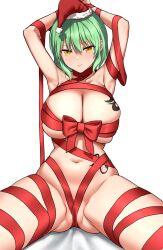1girl absurdres bound breast_tattoo breasts christmas convenient_censoring green_hair hat highres hikage_(senran_kagura) hip_tattoo large_breasts light_blush looking_at_viewer naked_ribbon navel nude open_cleavage pants red_ribbon ribbon ribbon_bondage santa_hat senran_kagura simple_background skindentation slit_pupils snake_print snake_tattoo tattoo torn_clothes torn_pants white_background wrapped_up yellow_eyes zib_(boriku)