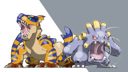 Rule 34 | blacknirrow, clenched hands, creatures (company), crossover, exploud, game freak, gen 3 pokemon, grey background, highres, monster, monster hunter (series), nintendo, no humans, open mouth, outline, pokemon, pokemon (creature), sharp teeth, simple background, standing, teeth, tigrex, two-tone background, white background, white outline