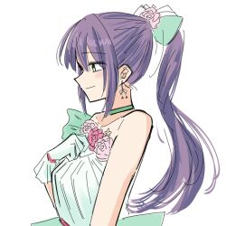 1girl aqua_bow ayu_(ayu_illustrate) bare_shoulders bow breasts collarbone dress earrings flower flower-trimmed_dress flower_earrings frilled_gloves frills gloves green_eyes hair_bow hair_flower hair_ornament high_ponytail highres jewelry link!_like!_love_live! long_hair love_live! medium_breasts otomune_kozue pink_flower pink_rose ponytail profile purple_hair rose sidelocks solo strapless strapless_dress upper_body virtual_youtuber white_dress white_gloves yume_wazurai