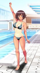 1girl akiyama_yukari arm_up barefoot bikini blue_bikini blue_sky breasts brown_eyes brown_hair camouflage camouflage_bikini clear_sky closed_mouth day full_body girls_und_panzer groin halterneck highres looking_at_viewer medium_breasts messy_hair navel outdoors pool short_hair sky smile solo standing string_bikini swimsuit tan tanaka_rikimaru tanline