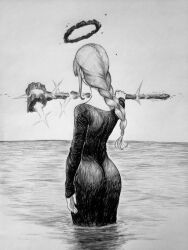 1girl absurdres black_dress braid braided_ponytail chainsaw_man chronozbergh dress elden_ring greyscale halo hammer hatching_(texture) highres holding holding_hammer holding_weapon linear_hatching looking_away makima_(chainsaw_man) medium_hair monochrome partially_submerged sidelocks solo traditional_media weapon