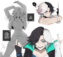 1girl 2boys absurdres black_hair black_jacket blue_eyes breasts choker crop_top fingerless_gloves gloves heterochromia highres jacket jujutsu_kaisen looking_at_viewer luna_snow magik_(x-men) marvel marvel_rivals masoq meme midriff multicolored_hair multiple_boys navel open_mouth short_hair shorts smile split-color_hair two-tone_hair undressing white_hair x-men yuri