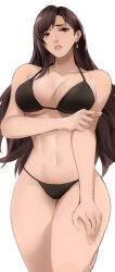 1girl arm_under_breasts bikini black_bikini breasts brown_hair final_fantasy final_fantasy_vii hand_on_leg hand_on_own_leg hand_on_own_thigh highres large_breasts legs long_hair looking_at_viewer navel parted_lips pink_lips red_eyes solo square_enix swimsuit teeth thetommietomm thighs tifa_lockhart toned