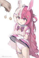 1girl :3 :d @_@ animal_ears artist_name bandaid bandaid_on_leg blush bow bowtie braid center_frills clothes_lift coin coin_on_string commentary_request commission cowboy_shot crescent crescent_hair_ornament dated dress dress_bow dress_lift fang frilled_dress frilled_thigh_strap frills frown garter_straps gloves hair_ornament hair_ribbon hair_rings highres holding holding_pendulum holed_coin hypnosis idol_corp lalabell_lullaby lifting_own_clothes long_hair magical_girl mind_control multicolored_hair open_mouth panties pendulum pink_eyes pink_hair pink_trim pov pov_hands puffy_short_sleeves puffy_sleeves purple_bow purple_bowtie rabbit_brooch rabbit_ears rabbit_girl ribbon short_sleeves simple_background single_garter_strap skeb_commission smile solo sparkle_hair_ornament split-color_hair star_ahoge susu_(ysy) thigh_strap underwear very_long_hair virtual_youtuber white_background white_gloves white_hair white_panties white_ribbon