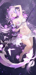 1girl absurdres adapted_costume arm_up armpits bare_legs bare_shoulders barefoot blhazx bra breasts bright_pupils bug butterfly castorice_(honkai:_star_rail) chinese_commentary commentary_request flower from_above full_body groin hand_on_own_stomach highres honkai:_star_rail honkai_(series) insect knee_up large_breasts legs long_hair looking_at_viewer lying nail_polish navel no_gloves on_back parted_lips partial_commentary partially_submerged pointy_ears purple_butterfly purple_eyes purple_flower purple_hair purple_nails revision ripples scythe sidelocks skirt solo stomach toenail_polish toenails toes underwear variant_set very_long_hair water weapon white_bra white_pupils white_skirt