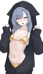 1girl :3 absurdres animal_hood bikini black_hoodie blue_eyes blue_hair breasts cat_hood commentary cowboy_shot english_commentary fangs gold_bikini highres hood hood_up hoodie iomaaki light_blush looking_at_viewer medium_hair navel onesie open_clothes open_mouth open_pajamas original pajamas parted_bangs simple_background small_breasts solo stomach swimsuit white_background