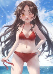 Rule 34 | 1girl, bikini, black hair, blue sky, breasts, cowboy shot, day, hair down, kantai collection, long hair, looking at viewer, navel, nisshin (kancolle), ocean, one eye closed, open mouth, orange eyes, outdoors, red bikini, sky, small breasts, solo, standing, swimsuit, teeth, toka (marchlizard), upper teeth only, very long hair