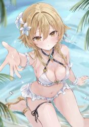 1girl alternate_costume bare_shoulders bikini blonde_hair blue_gemstone blush breasts cleavage collarbone commentary day fingernails flower foot_out_of_frame gem genshin_impact hair_between_eyes hair_flower hair_ornament highres looking_at_viewer lumine_(genshin_impact) maruro medium_breasts navel outstretched_arm partially_submerged short_hair_with_long_locks sitting solo stomach swimsuit symbol-only_commentary water white_bikini white_flower yellow_eyes