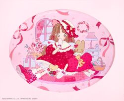 Rule 34 | 1girl, animal, basket, black eyes, bloomers, blue pants, bobby socks, boots, bow, box, brown hair, chest of drawers, cinnamon (sanrio), closed mouth, clothed animal, comcomblue, commentary, copyright name, copyright notice, covering own mouth, curtains, dot mouth, drawer, dress, flower, flower wreath, gift, gift box, hair ribbon, hand up, hat, hat bow, hat ornament, heart, high heel boots, high heels, highres, holding, holding flower, lace, lace-trimmed dress, lace trim, lamp, lampshade, long hair, marroncream, mittens, mouse (animal), official art, pants, picnic basket, picture hat, pink bow, pink ribbon, puffy short sleeves, puffy sleeves, rabbit, rabbit hat ornament, red background, red boots, red bow, red dress, red flower, red rose, red shirt, ribbon, rose, sanrio, shirt, short sleeves, sitting, smile, socks, solid oval eyes, stuffed animal, stuffed toy, teddy bear, underwear, white bloomers, white boots, white hat, white mittens, white wings, window, wings