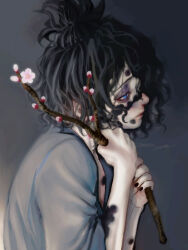 1boy birthmark black_hair black_nails blue_eyes branch bruise bruise_on_face bud cherry_blossoms eyeshadow facial_mark flower from_side grey_background grey_kimono gyuutarou_(kimetsu_no_yaiba) hands_up head_tilt highres holding holding_branch injury japanese_clothes kimetsu_no_yaiba kimono looking_ahead makeup male_focus minamoto_(tomonami_66) profile signature solo topknot upper_body