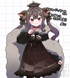 Rule 34 | 1girl, animal ears, blush, breasts, brown eyes, brown hair, closed mouth, commission, hair intakes, highres, horns, kiimorisame, long hair, looking at viewer, medium breasts, navel, original, sheep ears, sheep girl, sheep horns, skeb commission, smile, solo, translation request, twintails