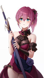 Rule 34 | 1girl, absurdres, bare shoulders, black bow, blush, bow, breasts, cleavage, detached sleeves, dress, flower, flower ornament, green eyes, highres, holding, holding sword, holding weapon, large breasts, looking at viewer, mole, mole under eye, original, pink hair, ponytail, red dress, rose, see-through cleavage, see-through clothes, simple background, solo, sword, weapon, white background, winterlime12
