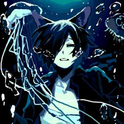 Rule 34 | 1boy, air bubble, animal ears, black eyes, black hair, black shirt, blue background, blue theme, bubble, chino (sky tanosi), commentary request, dog boy, dog ears, dog tail, jellyfish, looking at viewer, male focus, open clothes, open shirt, original, parted lips, shirt, short hair, solo, tail, underwater, upper body