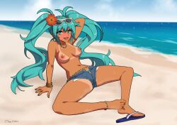 1girl absurdres aqua_eyes aqua_hair arm_behind_head artist_name beach blue_shorts blush brazilian_miku breasts commentary dark-skinned_female dark_skin denim denim_shorts english_commentary eyewear_on_head female_pubic_hair full_body hatsune_miku highres long_hair maho_malice medium_breasts nipples ocean pubic_hair sand short_shorts shorts signature solo sunglasses tan tanline topless_female twintails vocaloid water