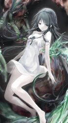 1girl bare_legs bare_shoulders barefoot breasts closed_mouth dress dress-up dress_ribbon flesh full_body green_eyes green_hair green_ribbon green_wings hair_flaps highres leaf_wings long_hair nitroplus pale_skin ribbon saya_(saya_no_uta) saya_no_uta sleeveless sleeveless_dress small_breasts solo straight_hair sundress swept_bangs toqha3247 very_long_hair white_dress wings