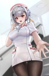 1boy 1girl bandaged_head bandages blurry blurry_background breasts brown_pantyhose collared_dress commentary_request depth_of_field dress goddess_of_victory:_nikke grey_hair hair_ornament hairclip hat highres in_pocket indoors large_breasts looking_at_viewer mini_person miniboy modernia_(nikke) nurse_cap open_mouth pantyhose pink_hat red_eyes short_sleeves solo_focus stairs sunameri_(pixiv3564245) sweat thigh_gap white_dress