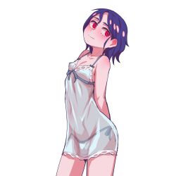 1boy androgynous arms_behind_back babydoll blue_hair blush bulge commentary covered_navel cowboy_shot crossdressing english_commentary gundam gundam_gquuuuuux hej_510 highres male_focus panties red_eyes see-through_babydoll see-through_clothes short_hair shuji_ito simple_background smile solo trap underwear white_background